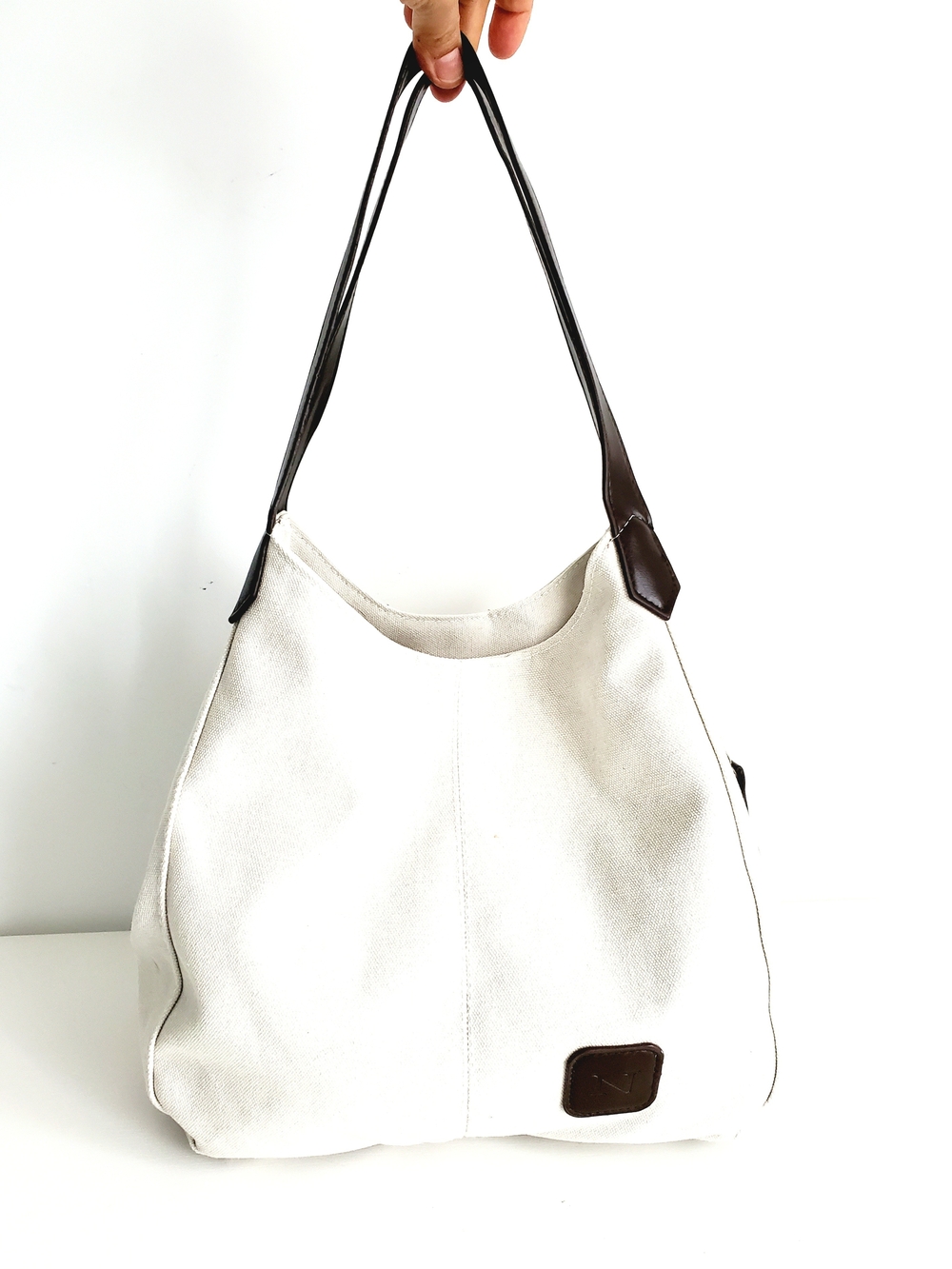 Canvas Shoulder Tote Bag in Cream with Brown Trim